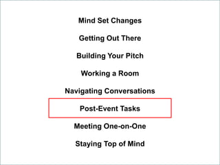 Mind Set Changes
Getting Out There
Building Your Pitch
Working a Room
Navigating Conversations
Post-Event Tasks
Meeting One-on-One
Staying Top of Mind
 