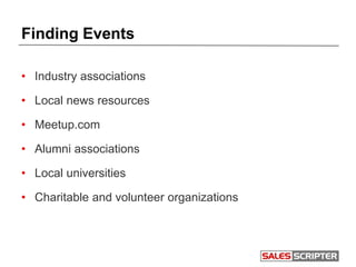 Finding Events
• Industry associations
• Local news resources
• Meetup.com
• Alumni associations
• Local universities
• Charitable and volunteer organizations
 