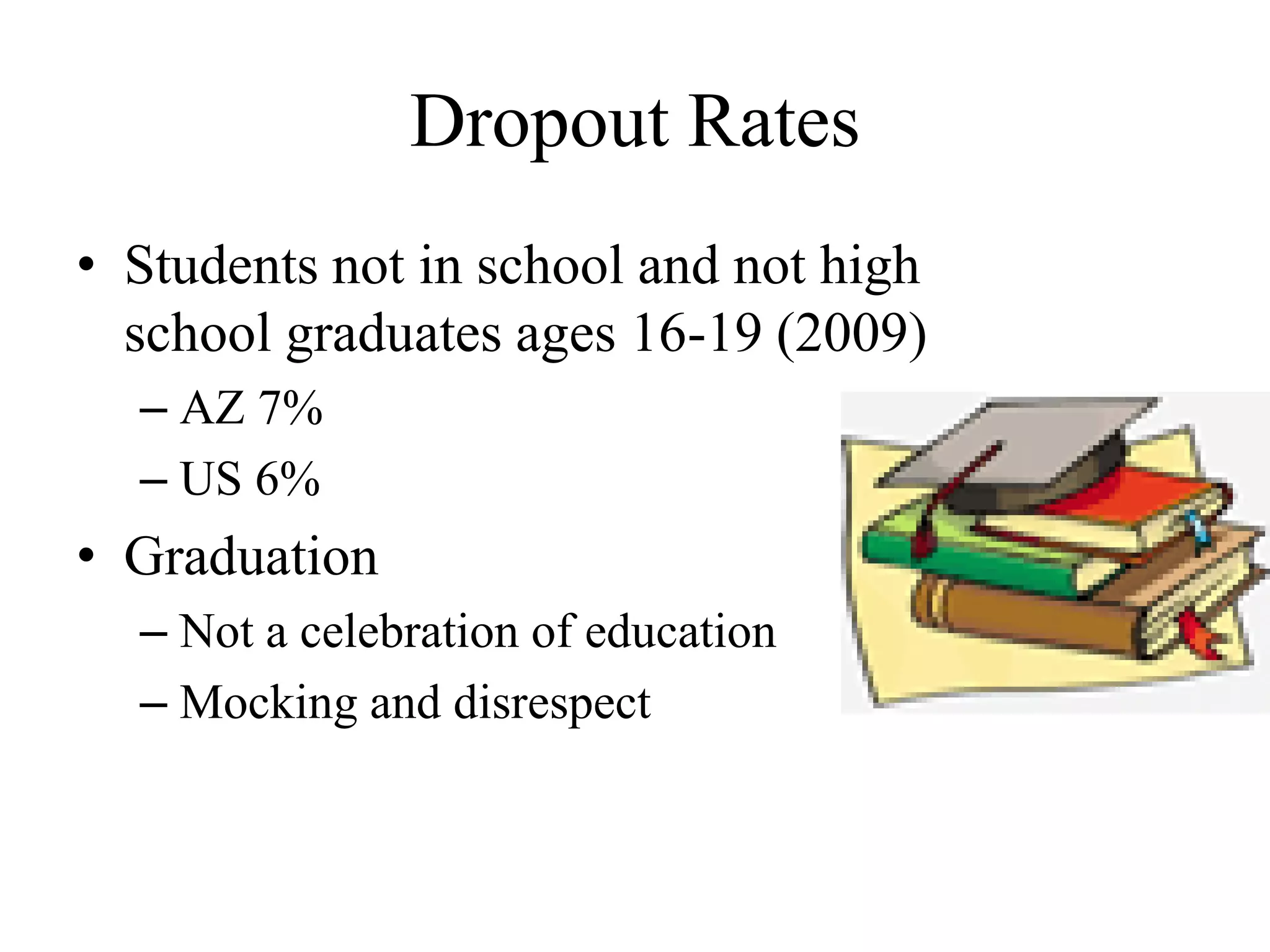 Dropout Rates
• Students not in school and not high
school graduates ages 16-19 (2009)
– AZ 7%
– US 6%
• Graduation
– Not a celebration of education
– Mocking and disrespect
 