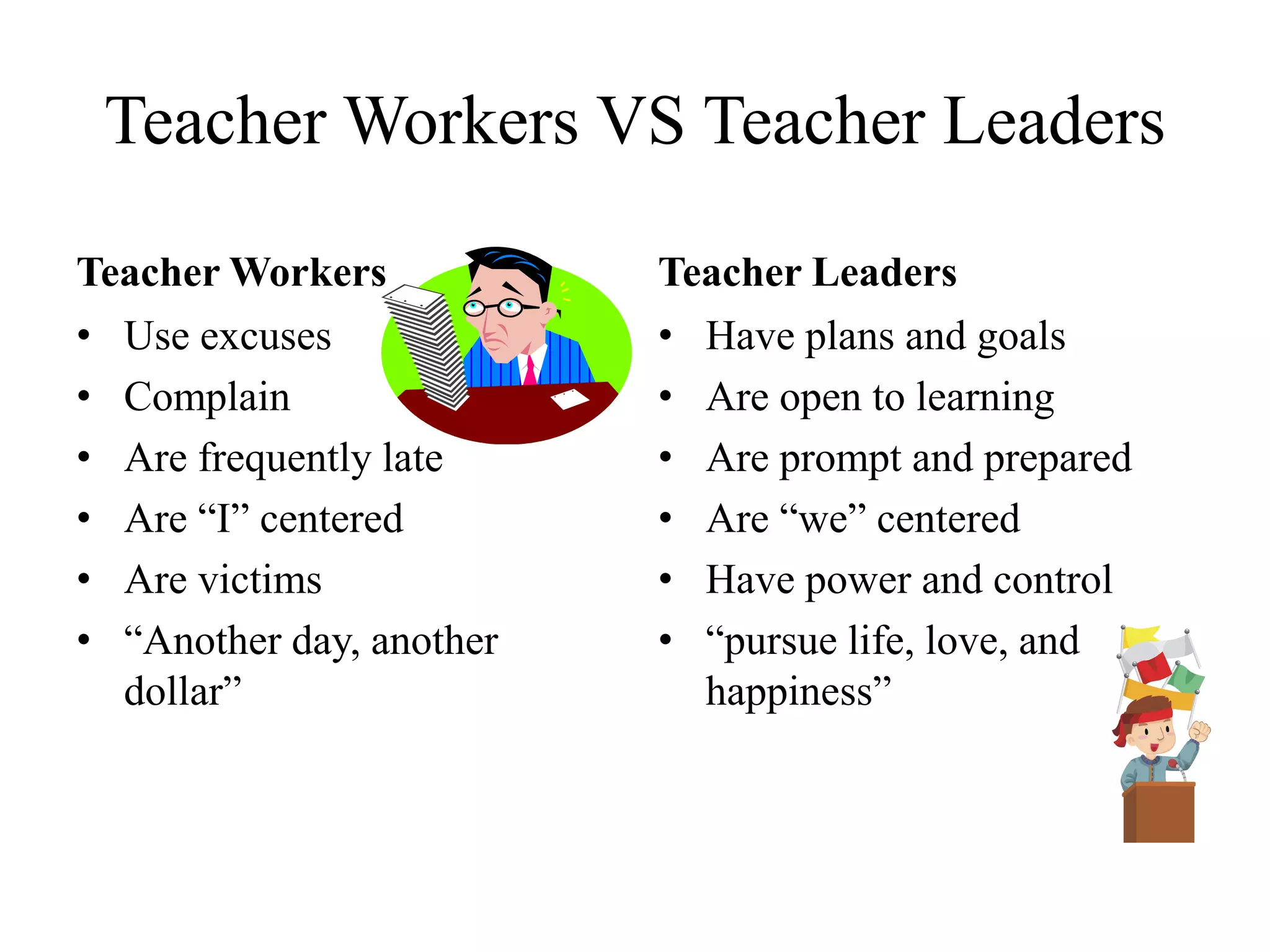 Teacher Workers VS Teacher Leaders
Teacher Workers
• Use excuses
• Complain
• Are frequently late
• Are “I” centered
• Are victims
• “Another day, another
dollar”
Teacher Leaders
• Have plans and goals
• Are open to learning
• Are prompt and prepared
• Are “we” centered
• Have power and control
• “pursue life, love, and
happiness”
 