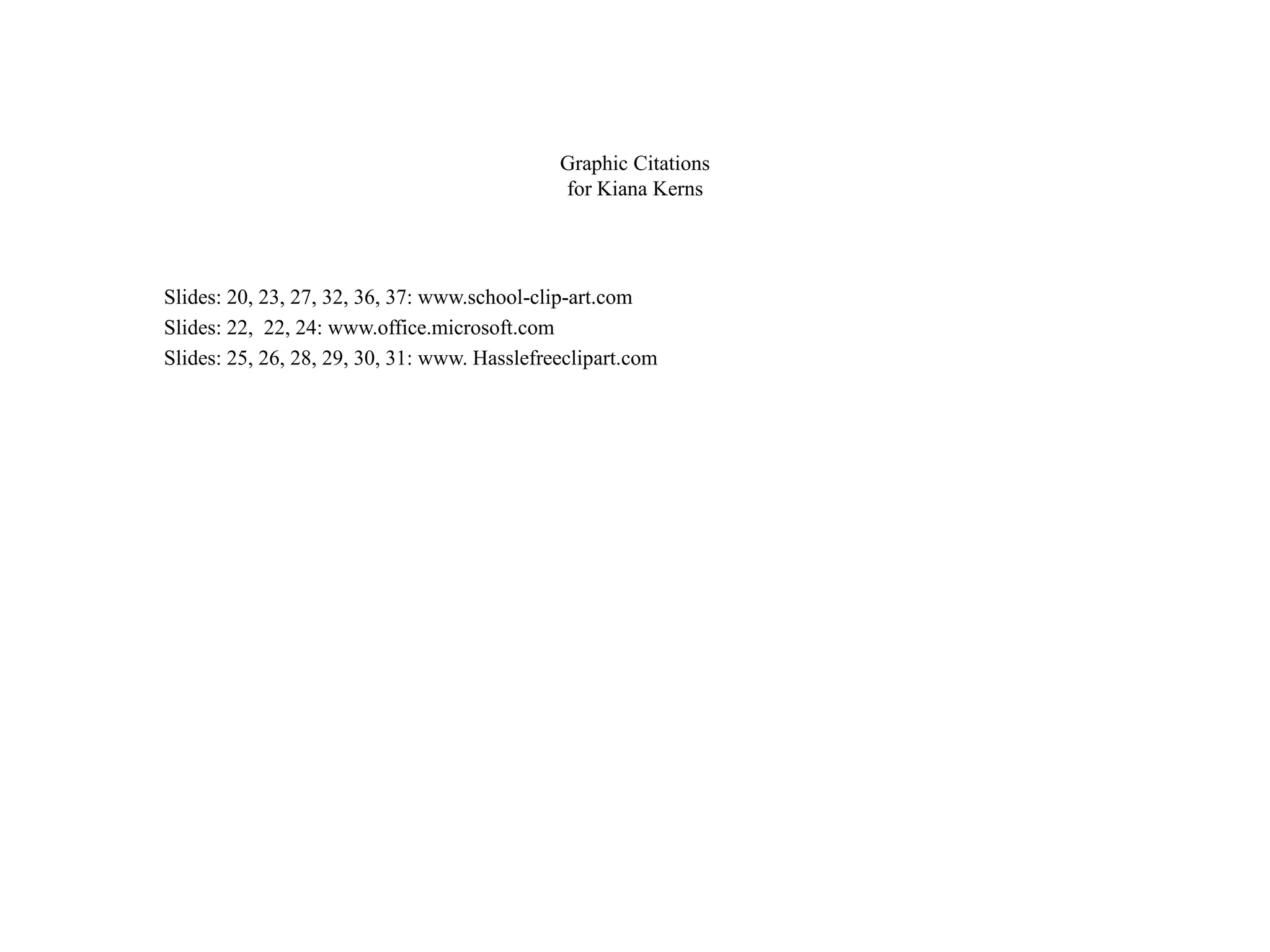 Graphic Citations
for Kiana Kerns
Slides: 20, 23, 27, 32, 36, 37: www.school-clip-art.com
Slides: 22, 22, 24: www.office.microsoft.com
Slides: 25, 26, 28, 29, 30, 31: www. Hasslefreeclipart.com
 