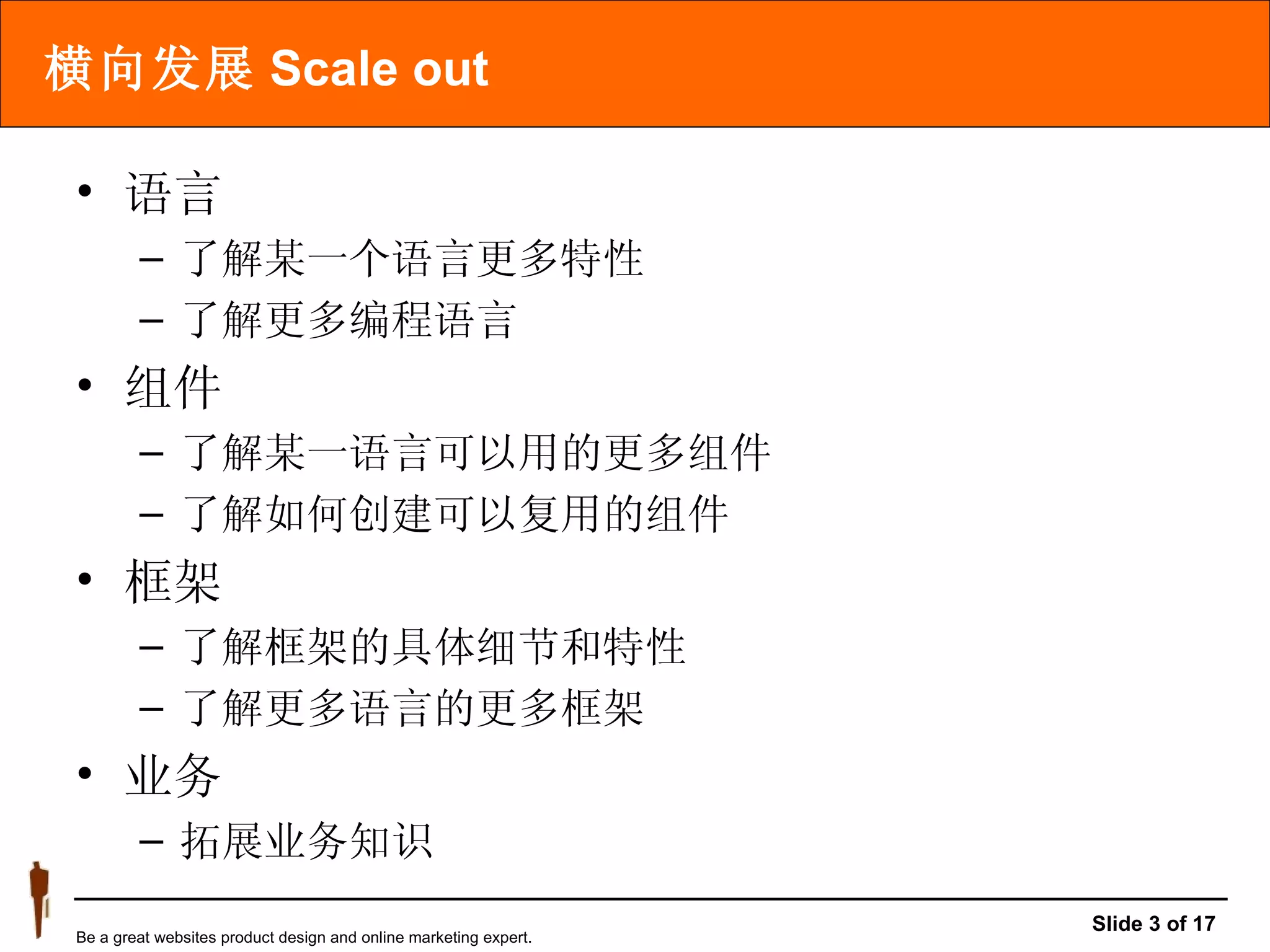 横向发展 Scale out 语言 了解某一个语言更多特性 了解更多编程语言 组件 了解某一语言可以用的更多组件 了解如何创建可以复用的组件 框架 了解框架的具体细节和特性 了解更多语言的更多框架 业务 拓展业务知识 