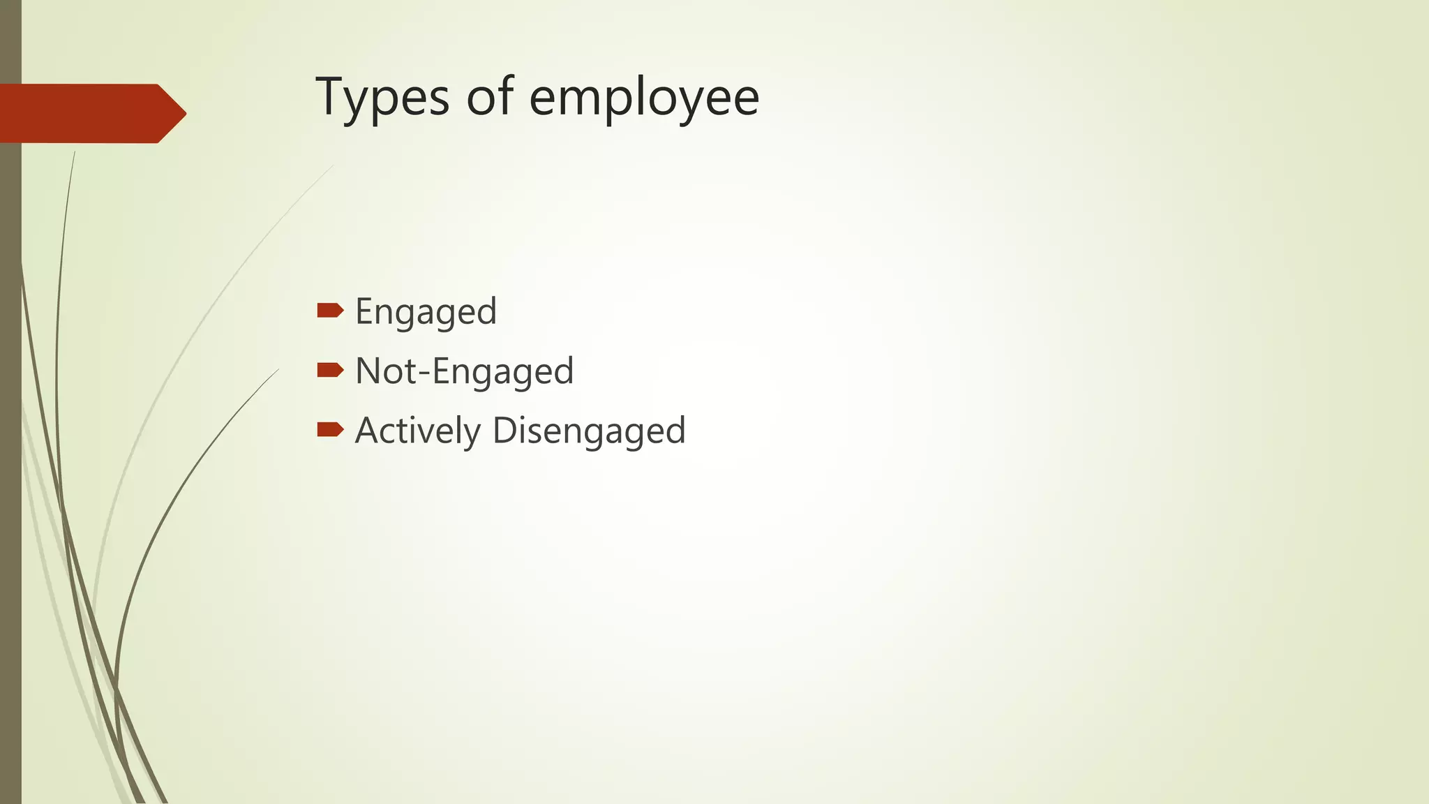 Types of employee
 Engaged
 Not-Engaged
 Actively Disengaged
 