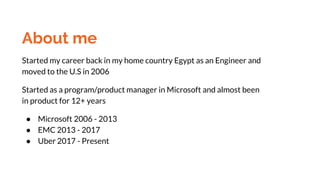 About me
Started my career back in my home country Egypt as an Engineer and
moved to the U.S in 2006
Started as a program/...