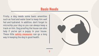 Basic Needs
3
Firstly, a dog needs some basic amenities
such as food and water bowl to keep him well
fed and hydrated. In addition, don’t forget to
microchip your dog so you can always keep a
track on him. Dog proofing the house can also
help if you’ve got a puppy in your house.
These little safety measures can go a long
way in keeping the dog in good health.
 
