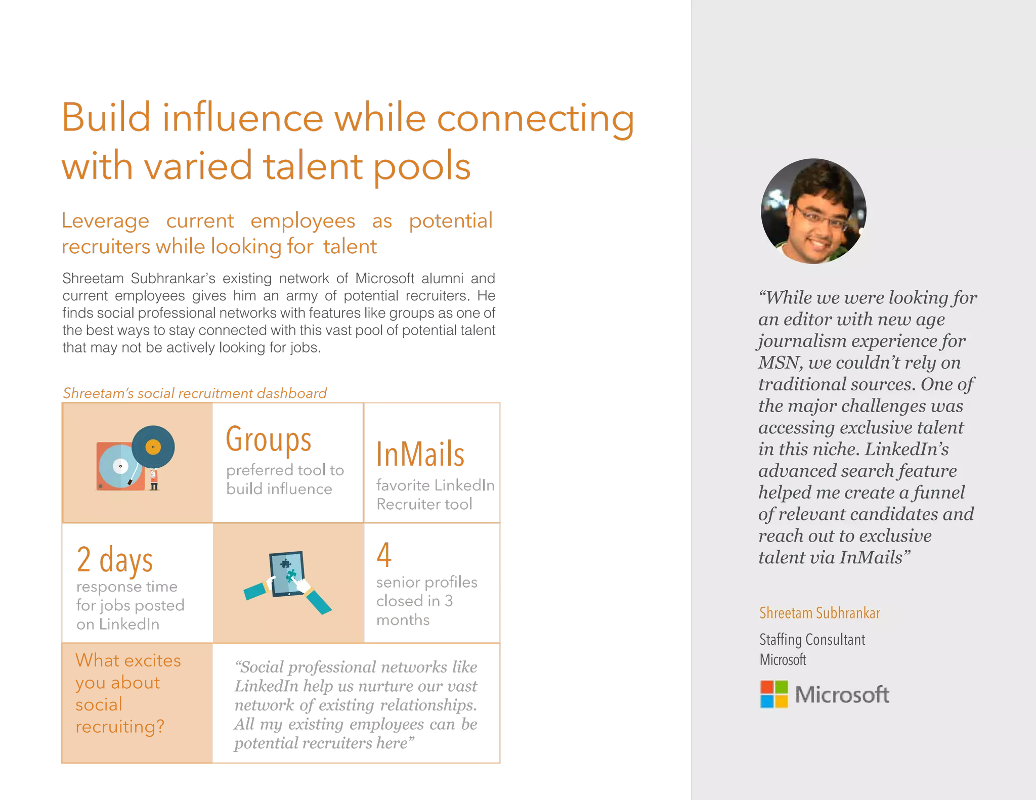Build inﬂuence while connecting
with varied talent pools
What excites
you about
social
recruiting?
“Social professional networks like
LinkedIn help us nurture our vast
network of existing relationships.
All my existing employees can be
potential recruiters here”
response time
for jobs posted
on LinkedIn
InMails
favorite LinkedIn
Recruiter tool
2 days
Shreetam Subhrankar’s existing network of Microsoft alumni and
current employees gives him an army of potential recruiters. He
ﬁnds social professional networks with features like groups as one of
the best ways to stay connected with this vast pool of potential talent
that may not be actively looking for jobs.
Leverage current employees as potential
recruiters while looking for talent
Shreetam’s social recruitment dashboard
senior proﬁles
closed in 3
months
4
Groups
preferred tool to
build inﬂuence
Shreetam Subhrankar
Stafﬁng Consultant
Microsoft
“While we were looking for
an editor with new age
journalism experience for
MSN, we couldn’t rely on
traditional sources. One of
the major challenges was
accessing exclusive talent
in this niche. LinkedIn’s
advanced search feature
helped me create a funnel
of relevant candidates and
reach out to exclusive
talent via InMails”
 