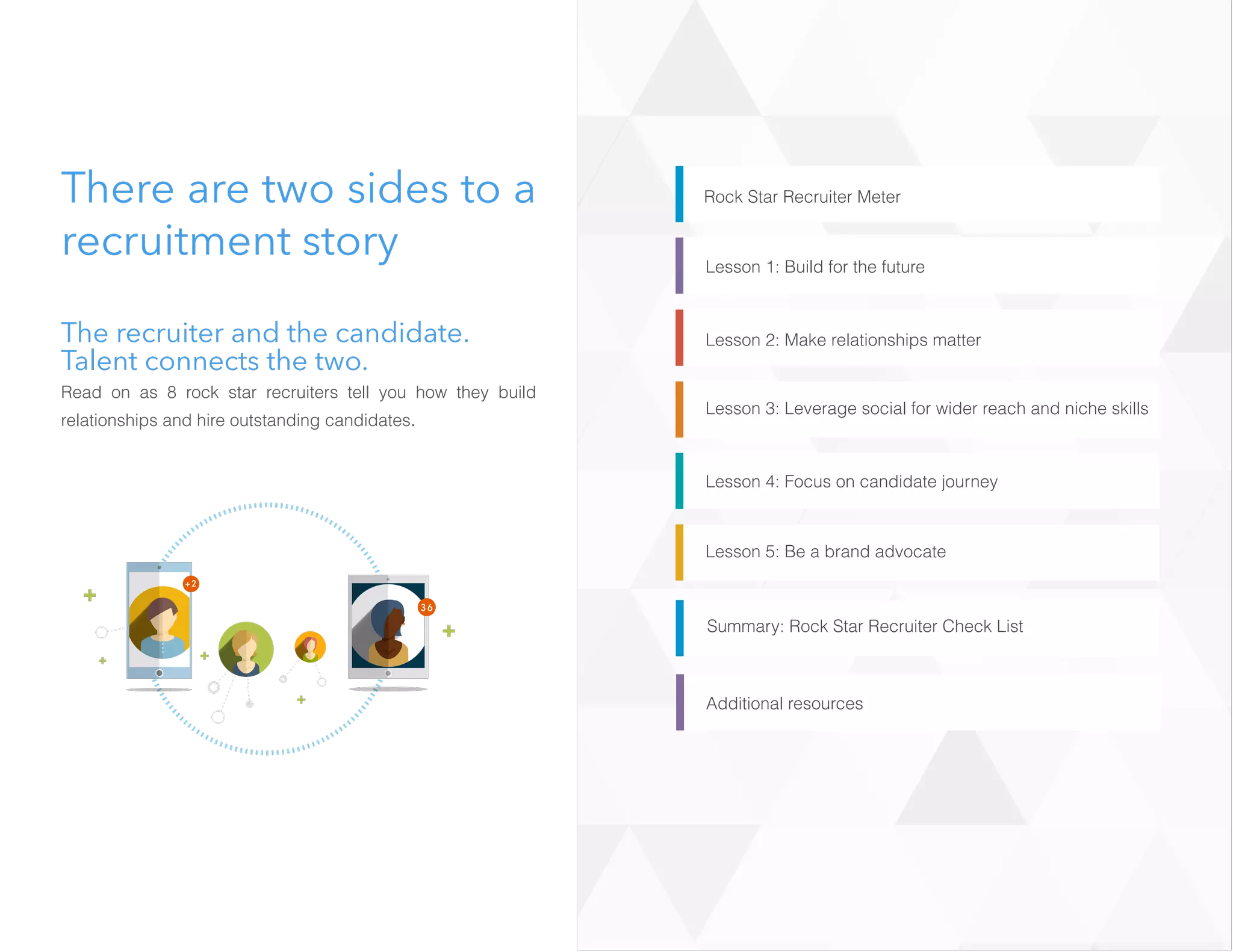There are two sides to a
recruitment story
The recruiter and the candidate.
Talent connects the two.
Read on as 8 rock star recruiters tell you how they build
relationships and hire outstanding candidates.
Rock Star Recruiter Meter
Lesson 1: Build for the future
Lesson 2: Make relationships matter
Lesson 3: Leverage social for wider reach and niche skills
Lesson 4: Focus on candidate journey
Lesson 5: Be a brand advocate
Summary: Rock Star Recruiter Check List
Additional resources
 
