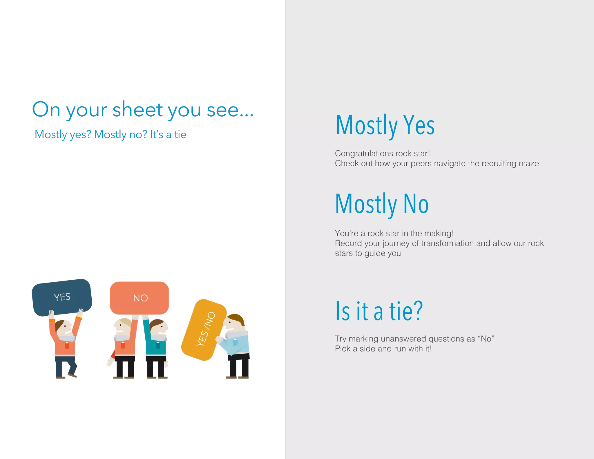 NO
On your sheet you see...
Mostly yes? Mostly no? It’s a tie Mostly Yes
Congratulations rock star!
Check out how your peers navigate the recruiting maze
You’re a rock star in the making!
Record your journey of transformation and allow our rock
stars to guide you
Is it a tie?
Try marking unanswered questions as “No”
Pick a side and run with it!
Mostly No
 
