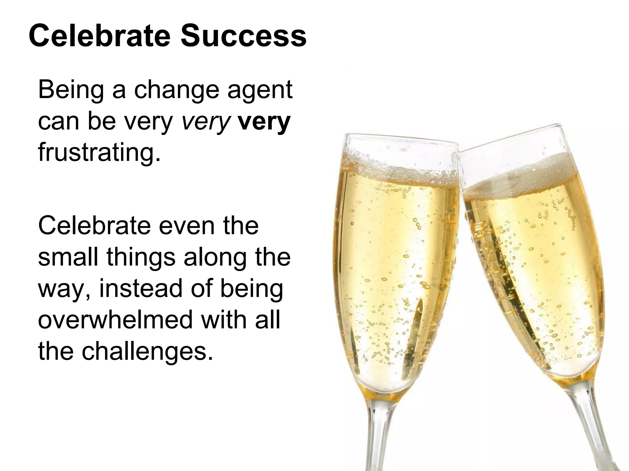 Celebrate Success
Being a change agent
can be very very very
frustrating.
Celebrate even the
small things along the
way, instead of being
overwhelmed with all
the challenges.

 
