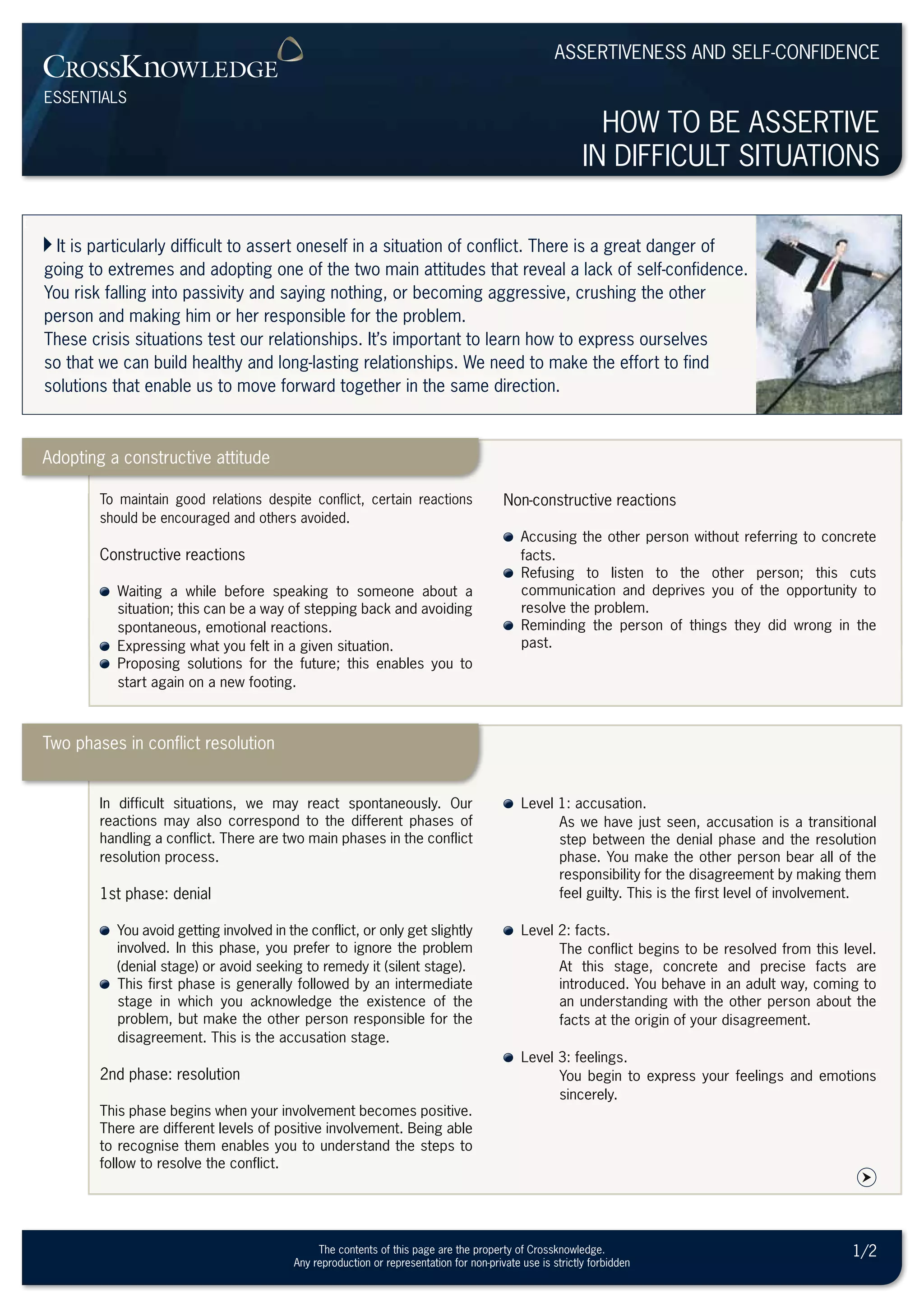 How to be assertive
in difficult situations
essentials
Assertiveness and self-confidence
1/2The contents of this page are the property of Crossknowledge.
Any reproduction or representation for non-private use is strictly forbidden
It is particularly difficult to assert oneself in a situation of conflict. There is a great danger of
going to extremes and adopting one of the two main attitudes that reveal a lack of self-confidence.
You risk falling into passivity and saying nothing, or becoming aggressive, crushing the other
person and making him or her responsible for the problem.
These crisis situations test our relationships. It’s important to learn how to express ourselves
so that we can build healthy and long-lasting relationships. We need to make the effort to find
solutions that enable us to move forward together in the same direction.
t
To maintain good relations despite conflict, certain reactions
should be encouraged and others avoided.
Constructive reactions
Waiting a while before speaking to someone about a
situation; this can be a way of stepping back and avoiding
spontaneous, emotional reactions.
Expressing what you felt in a given situation.
Proposing solutions for the future; this enables you to
start again on a new footing.
Non-constructive reactions
Accusing the other person without referring to concrete
facts.
Refusing to listen to the other person; this cuts
communication and deprives you of the opportunity to
resolve the problem.
Reminding the person of things they did wrong in the
past.
Adopting a constructive attitude
In difficult situations, we may react spontaneously. Our
reactions may also correspond to the different phases of
handling a conflict. There are two main phases in the conflict
resolution process.
1st phase: denial
You avoid getting involved in the conflict, or only get slightly
involved. In this phase, you prefer to ignore the problem
(denial stage) or avoid seeking to remedy it (silent stage).
This first phase is generally followed by an intermediate
stage in which you acknowledge the existence of the
problem, but make the other person responsible for the
disagreement. This is the accusation stage.
2nd phase: resolution
This phase begins when your involvement becomes positive.
There are different levels of positive involvement. Being able
to recognise them enables you to understand the steps to
follow to resolve the conflict.
Level 1: accusation.
As we have just seen, accusation is a transitional
step between the denial phase and the resolution
phase. You make the other person bear all of the
responsibility for the disagreement by making them
feel guilty. This is the first level of involvement.
Level 2: facts.
The conflict begins to be resolved from this level.
At this stage, concrete and precise facts are
introduced. You behave in an adult way, coming to
an understanding with the other person about the
facts at the origin of your disagreement.
Level 3: feelings.
You begin to express your feelings and emotions
sincerely.
Two phases in conflict resolution