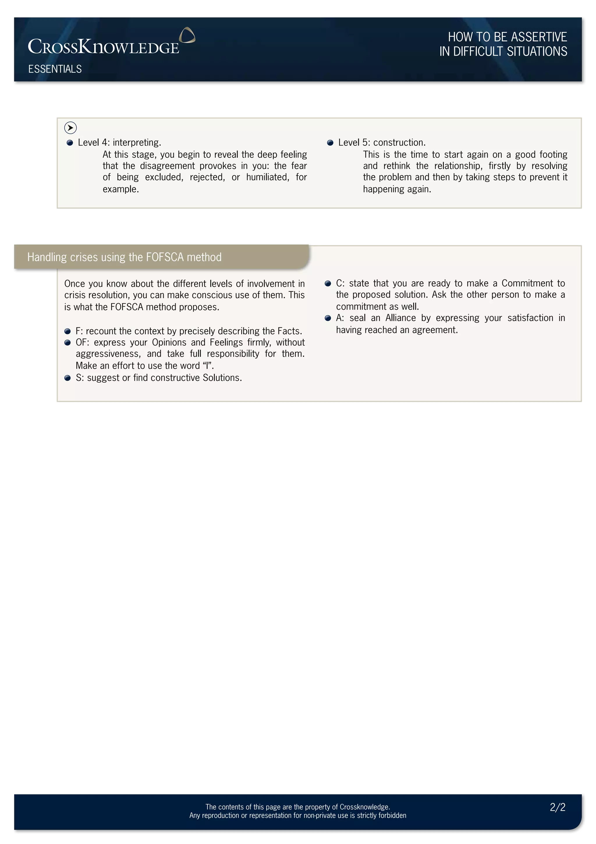 essentials
How to be assertive
in difficult situations
Once you know about the different levels of involvement in
crisis resolution, you can make conscious use of them. This
is what the FOFSCA method proposes.
F: recount the context by precisely describing the Facts.
OF: express your Opinions and Feelings firmly, without
aggressiveness, and take full responsibility for them.
Make an effort to use the word “I”.
S: suggest or find constructive Solutions.
C: state that you are ready to make a Commitment to
the proposed solution. Ask the other person to make a
commitment as well.
A: seal an Alliance by expressing your satisfaction in
having reached an agreement.
Handling crises using the FOFSCA method
2/2The contents of this page are the property of Crossknowledge.
Any reproduction or representation for non-private use is strictly forbidden
Level 4: interpreting.
At this stage, you begin to reveal the deep feeling
that the disagreement provokes in you: the fear
of being excluded, rejected, or humiliated, for
example.
Level 5: construction.
This is the time to start again on a good footing
and rethink the relationship, firstly by resolving
the problem and then by taking steps to prevent it
happening again.