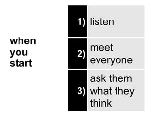 when
you
start
1) listen
2)
meet
everyone
3)
ask them
what they
think
 