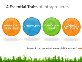 4 Essential Traits of Intrapreneurs 
Can we find an example of a successful Intrapreneur? 
Money is not 
the motivator 
“Greenhousers” Know how to 
Pivot 
Behave 
authentically & 
with integrity 
 