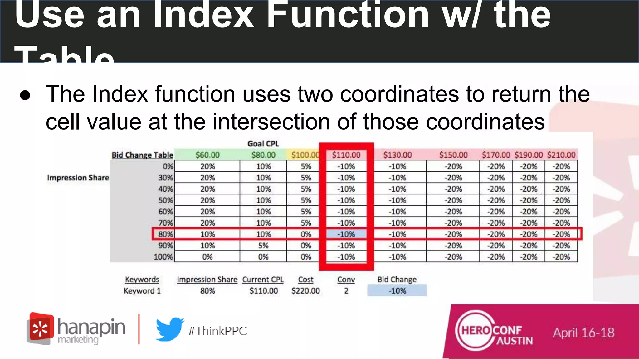 Use an Index Function w/ the
Table
● The Index function uses two coordinates to return the
cell value at the intersection of those coordinates
 