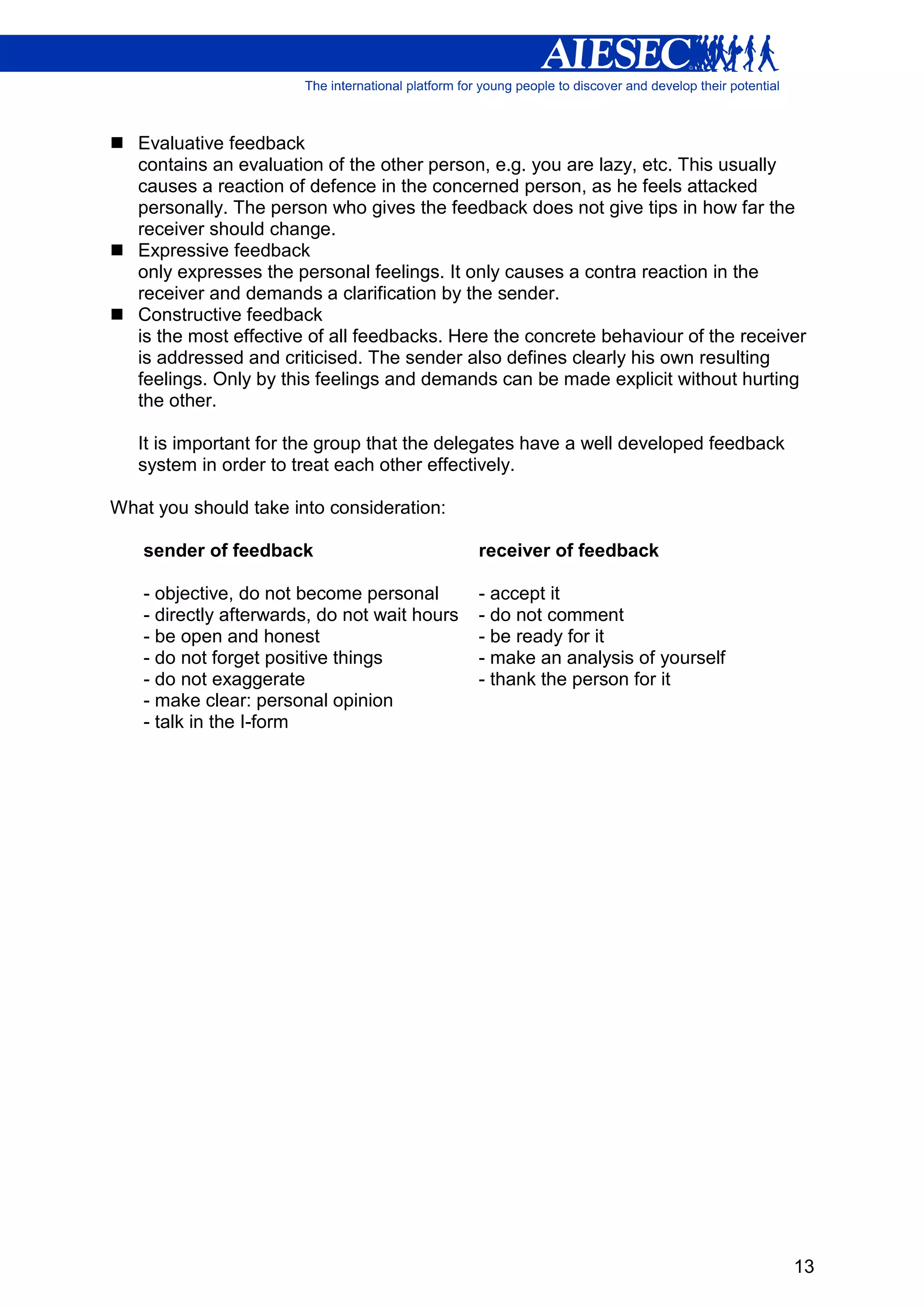 Evaluative feedback
   contains an evaluation of the other person, e.g. you are lazy, etc. This usually
   causes a reaction of defence in the concerned person, as he feels attacked
   personally. The person who gives the feedback does not give tips in how far the
   receiver should change.
   Expressive feedback
   only expresses the personal feelings. It only causes a contra reaction in the
   receiver and demands a clarification by the sender.
   Constructive feedback
   is the most effective of all feedbacks. Here the concrete behaviour of the receiver
   is addressed and criticised. The sender also defines clearly his own resulting
   feelings. Only by this feelings and demands can be made explicit without hurting
   the other.

   It is important for the group that the delegates have a well developed feedback
   system in order to treat each other effectively.

What you should take into consideration:

   sender of feedback                         receiver of feedback

   - objective, do not become personal        - accept it
   - directly afterwards, do not wait hours   - do not comment
   - be open and honest                       - be ready for it
   - do not forget positive things            - make an analysis of yourself
   - do not exaggerate                        - thank the person for it
   - make clear: personal opinion
   - talk in the I-form




                                                                                     13
 