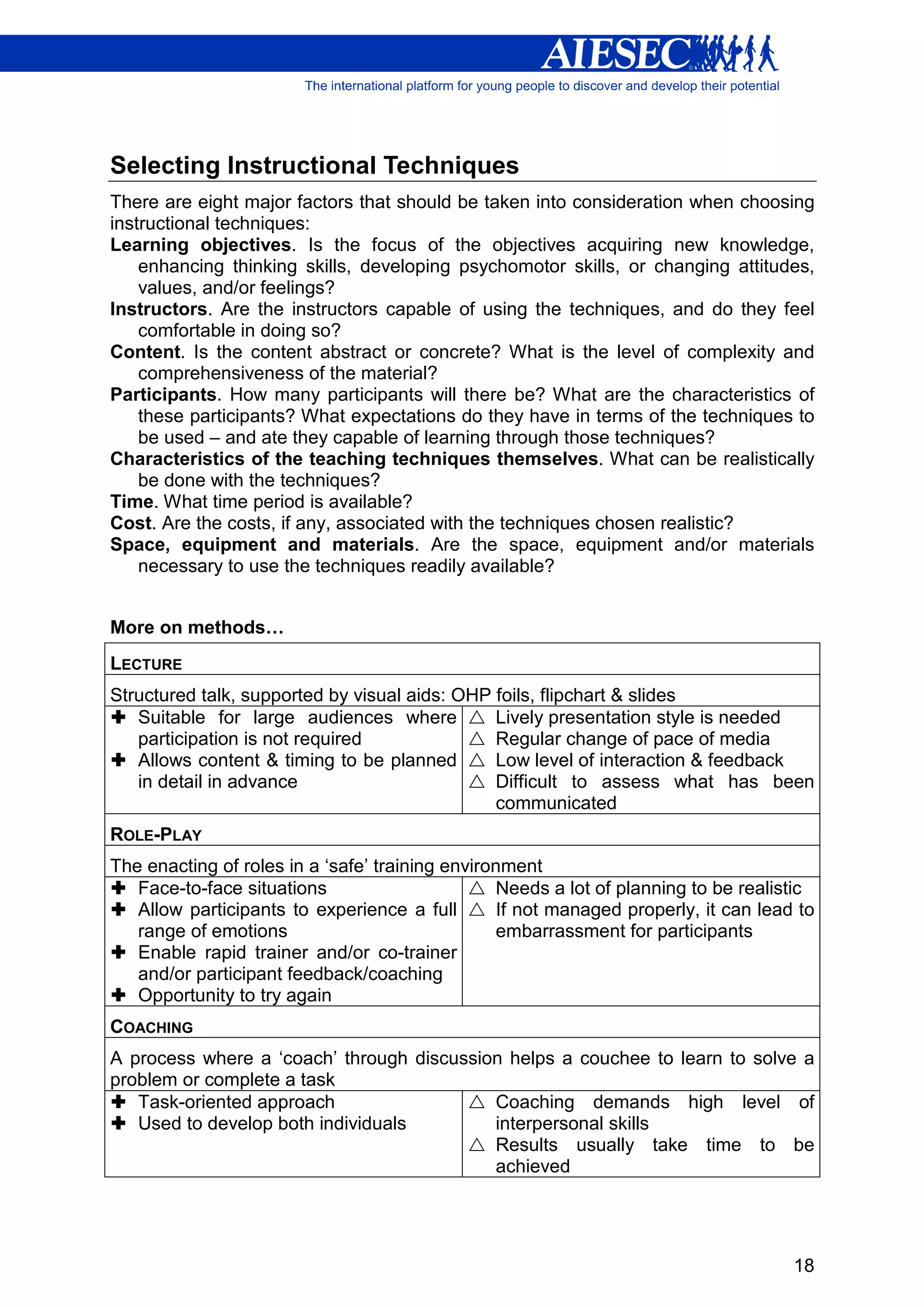 Selecting Instructional Techniques
There are eight major factors that should be taken into consideration when choosing
instructional techniques:
Learning objectives. Is the focus of the objectives acquiring new knowledge,
    enhancing thinking skills, developing psychomotor skills, or changing attitudes,
    values, and/or feelings?
Instructors. Are the instructors capable of using the techniques, and do they feel
    comfortable in doing so?
Content. Is the content abstract or concrete? What is the level of complexity and
    comprehensiveness of the material?
Participants. How many participants will there be? What are the characteristics of
    these participants? What expectations do they have in terms of the techniques to
    be used – and ate they capable of learning through those techniques?
Characteristics of the teaching techniques themselves. What can be realistically
    be done with the techniques?
Time. What time period is available?
Cost. Are the costs, if any, associated with the techniques chosen realistic?
Space, equipment and materials. Are the space, equipment and/or materials
    necessary to use the techniques readily available?


More on methods…
LECTURE
Structured talk, supported by visual aids: OHP foils, flipchart & slides
   Suitable for large audiences where          Lively presentation style is needed
   participation is not required               Regular change of pace of media
   Allows content & timing to be planned       Low level of interaction & feedback
   in detail in advance                        Difficult to assess what has been
                                               communicated
ROLE-PLAY
The enacting of roles in a ‘safe’ training environment
   Face-to-face situations                       Needs a lot of planning to be realistic
   Allow participants to experience a full       If not managed properly, it can lead to
   range of emotions                             embarrassment for participants
   Enable rapid trainer and/or co-trainer
   and/or participant feedback/coaching
   Opportunity to try again
COACHING
A process where a ‘coach’ through discussion helps a couchee to learn to solve a
problem or complete a task
   Task-oriented approach                  Coaching demands high level of
   Used to develop both individuals        interpersonal skills
                                           Results usually take time to be
                                           achieved




                                                                                     18
 