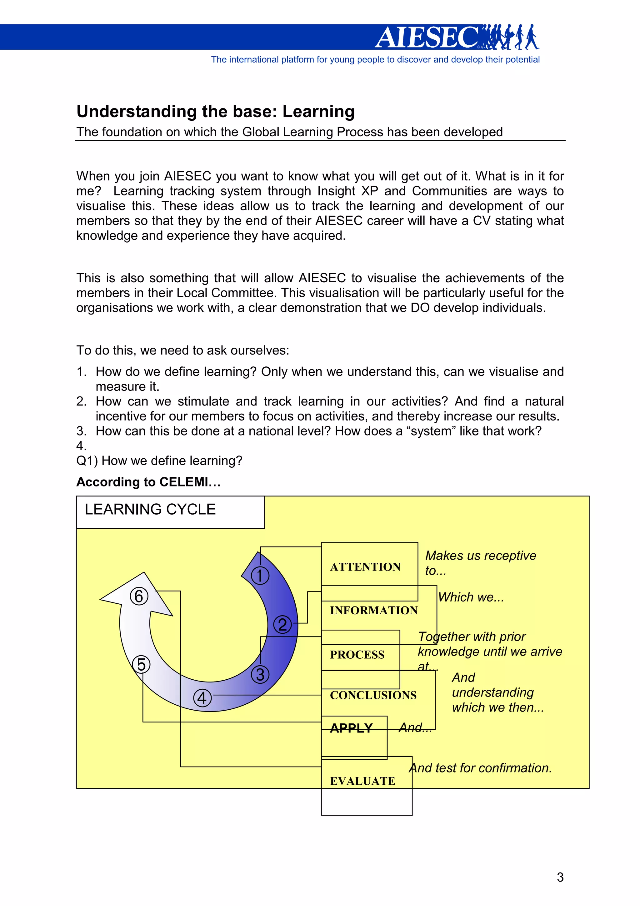 Understanding the base: Learning
The foundation on which the Global Learning Process has been developed


When you join AIESEC you want to know what you will get out of it. What is in it for
me? Learning tracking system through Insight XP and Communities are ways to
visualise this. These ideas allow us to track the learning and development of our
members so that they by the end of their AIESEC career will have a CV stating what
knowledge and experience they have acquired.


This is also something that will allow AIESEC to visualise the achievements of the
members in their Local Committee. This visualisation will be particularly useful for the
organisations we work with, a clear demonstration that we DO develop individuals.


To do this, we need to ask ourselves:
1. How do we define learning? Only when we understand this, can we visualise and
   measure it.
2. How can we stimulate and track learning in our activities? And find a natural
   incentive for our members to focus on activities, and thereby increase our results.
3. How can this be done at a national level? How does a “system” like that work?
4.
Q1) How we define learning?
According to CELEMI…

 LEARNING CYCLE


                                                              Makes us receptive
                                             ATTENTION
                               Œ                              to...

         ‘                                   INFORMATION
                                                                   Which we...

                                                        Together with prior
                                             PROCESS     knowledge until we arrive
                              Ž                         at...
                                                               And
                                            CONCLUSIONS       understanding
                                                               which we then...
                                             APPLY        And...


                                                           And test for confirmation.
                                             EVALUATE




                                                                                        3
 