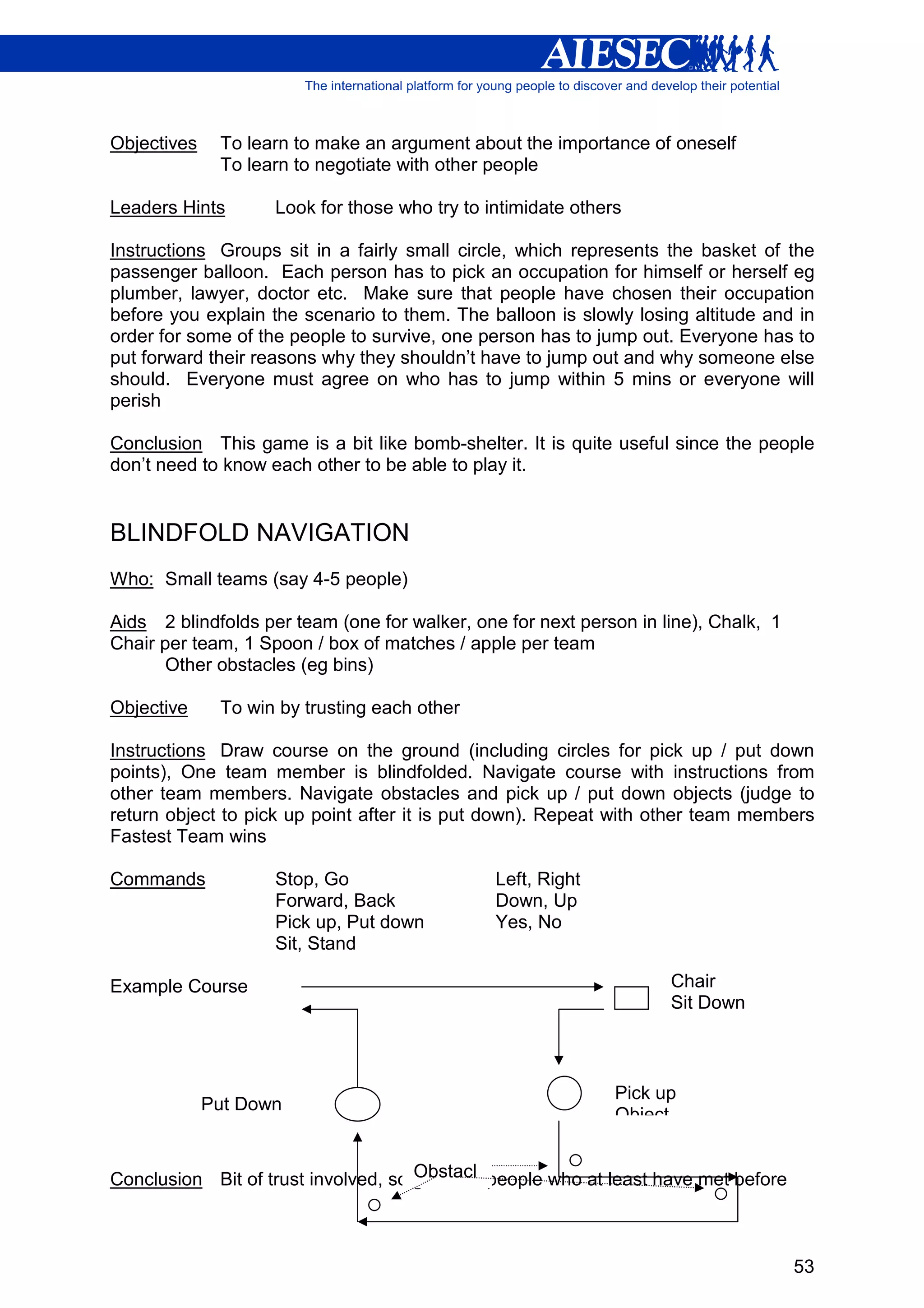 Objectives    To learn to make an argument about the importance of oneself
              To learn to negotiate with other people

Leaders Hints       Look for those who try to intimidate others

Instructions Groups sit in a fairly small circle, which represents the basket of the
passenger balloon. Each person has to pick an occupation for himself or herself eg
plumber, lawyer, doctor etc. Make sure that people have chosen their occupation
before you explain the scenario to them. The balloon is slowly losing altitude and in
order for some of the people to survive, one person has to jump out. Everyone has to
put forward their reasons why they shouldn’t have to jump out and why someone else
should. Everyone must agree on who has to jump within 5 mins or everyone will
perish

Conclusion This game is a bit like bomb-shelter. It is quite useful since the people
don’t need to know each other to be able to play it.


BLINDFOLD NAVIGATION
Who: Small teams (say 4-5 people)

Aids 2 blindfolds per team (one for walker, one for next person in line), Chalk, 1
Chair per team, 1 Spoon / box of matches / apple per team
      Other obstacles (eg bins)

Objective     To win by trusting each other

Instructions Draw course on the ground (including circles for pick up / put down
points), One team member is blindfolded. Navigate course with instructions from
other team members. Navigate obstacles and pick up / put down objects (judge to
return object to pick up point after it is put down). Repeat with other team members
Fastest Team wins

Commands            Stop, Go                   Left, Right
                    Forward, Back              Down, Up
                    Pick up, Put down          Yes, No
                    Sit, Stand

Example Course                                                      Chair
                                                                    Sit Down



                                                              Pick up
             Put Down
                                                              Object
             Object

                                     Obstacl
Conclusion Bit of trust involved, so good for people who at least have met before
                                     es


                                                                                     53
 