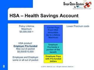HSA – Health Savings Account Policy Lifetime Maximum $5,000,000 + HSA product  Employer Pre-funded Max out of pocket $5,000/$10,000 Employee and Employer some or all out of pocket Lower Premium costs  Carrier Pays From HSA  deductible  Up to Lifetime Maximum Employee Pays with Pre-funded dollars Employer Pre-funds a portion of the benefit 