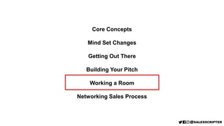 Core Concepts
Mind Set Changes
Getting Out There
Building Your Pitch
Working a Room
Networking Sales Process
 