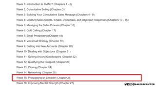 Week 1: Introduction to SMART (Chapters 1 - 2)
Week 2: Consultative Selling (Chapters 3)
Week 3: Building Your Consultativ...