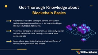 Get familiar with the concepts behind blockchain
technology lexicons and terms — for example, dApps,
Block, Fork, Nodes, Token, etc.
Technical concepts of blockchain are extremely crucial
such as smart contracts, mining, 51% attack, APIs,
protocols, etc.
Learn about asset tokenization and various forms of
tokenization processes and tokens.
Get Thorough Knowledge about
Blockchain Basics
 