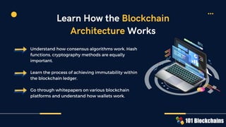 Understand how consensus algorithms work. Hash
functions, cryptography methods are equally
important.
Learn the process of achieving immutability within
the blockchain ledger.
Go through whitepapers on various blockchain
platforms and understand how wallets work.
Learn How the Blockchain
Architecture Works
 
