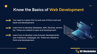 You need to master the ins and outs of front-end and
back-end development.
Learn how to develop databases, APIs, libraries, servers,
etc. These are related to back-end development.
Learn how to develop cross-browser developments,
user interfaces, webpages, etc. These are related to
front-end development.
{ }
Js
( )
</>
Know the Basics of Web Development
 