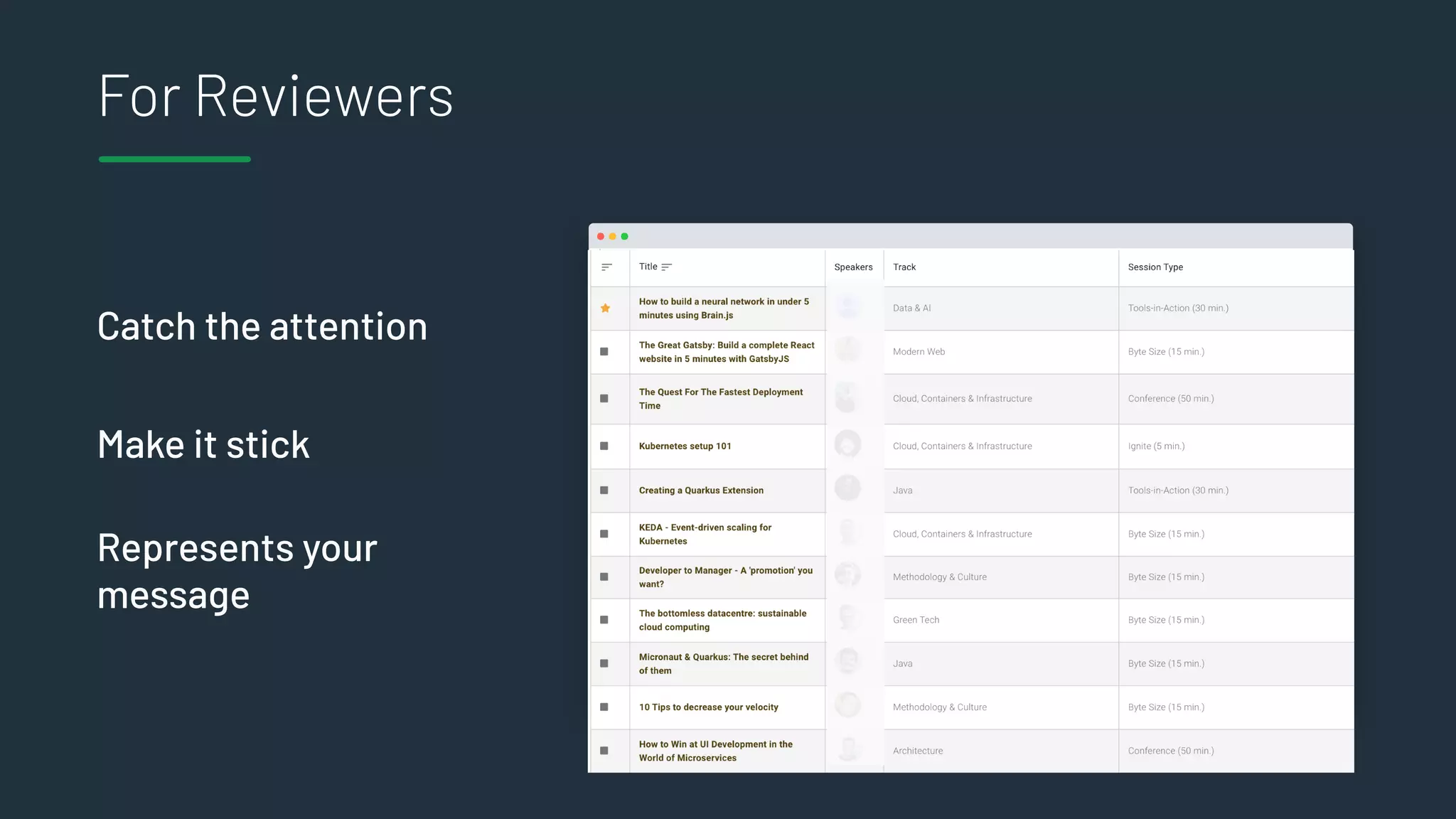 Catch the attention
Make it stick
Represents your
message
For Reviewers
 