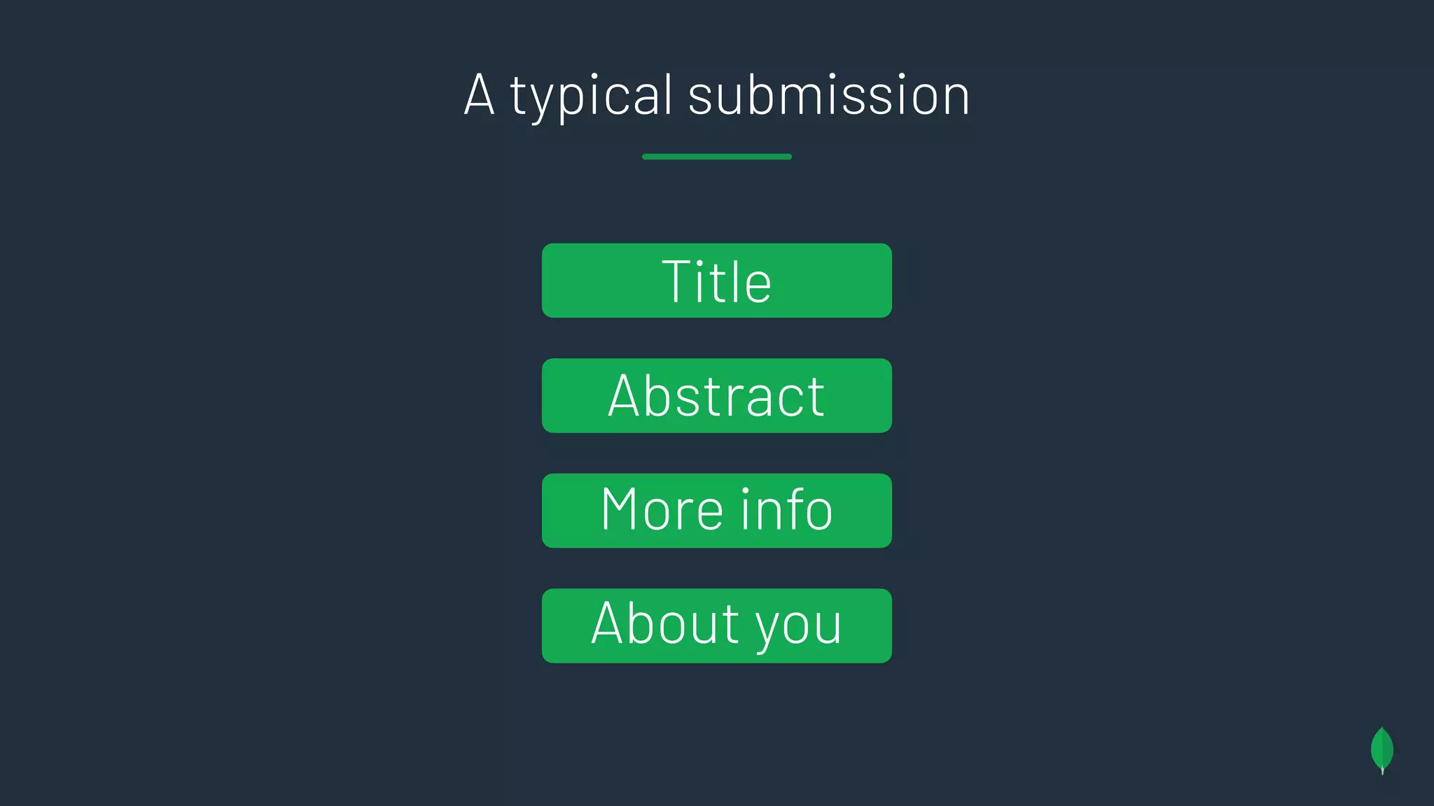 A typical submission
Title
Abstract
More info
About you
 