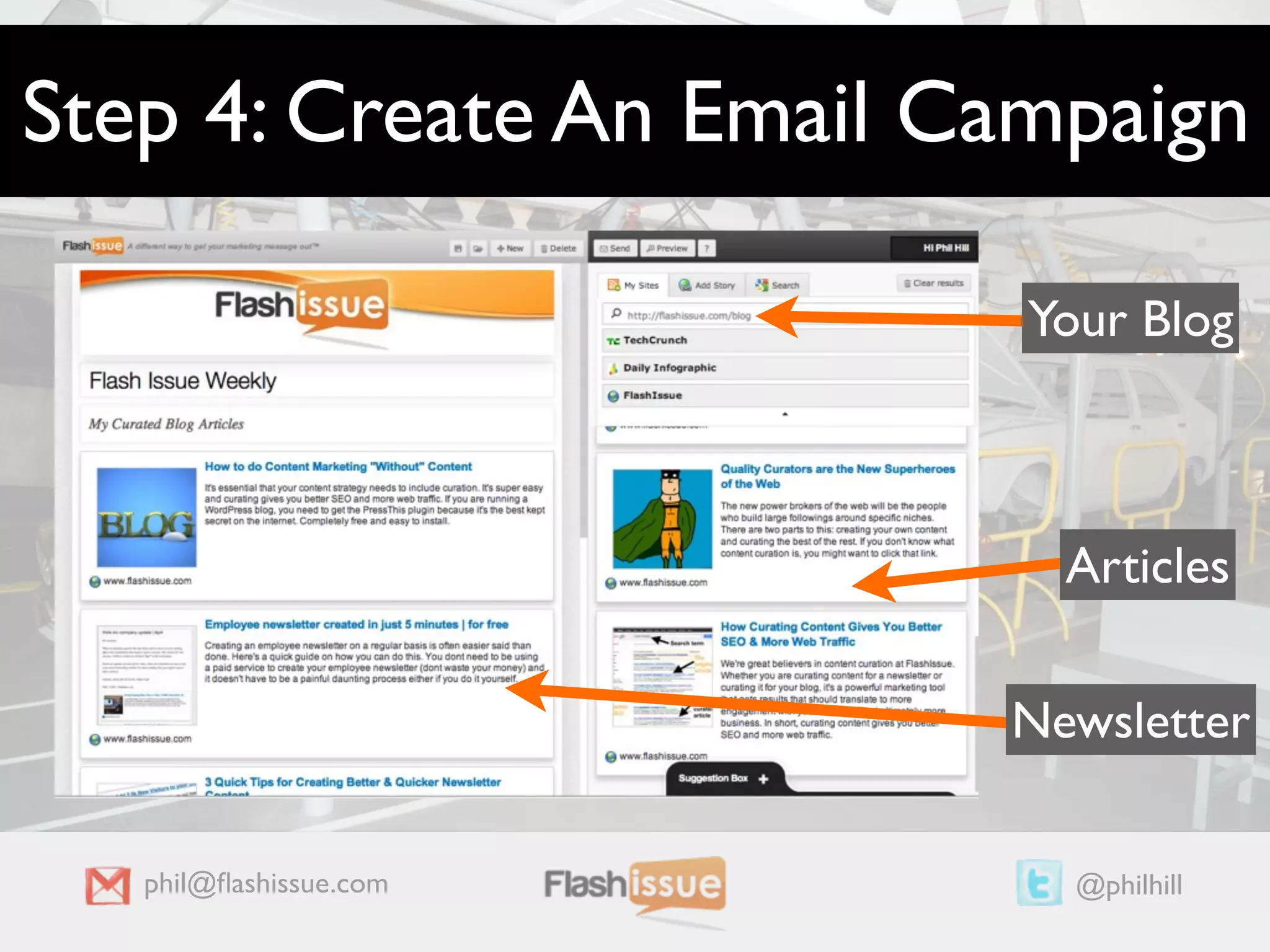 Step 4: Create An Email Campaign

                          Your Blog



                           Articles

                         Newsletter

   phil@ﬂashissue.com       @philhill
 
