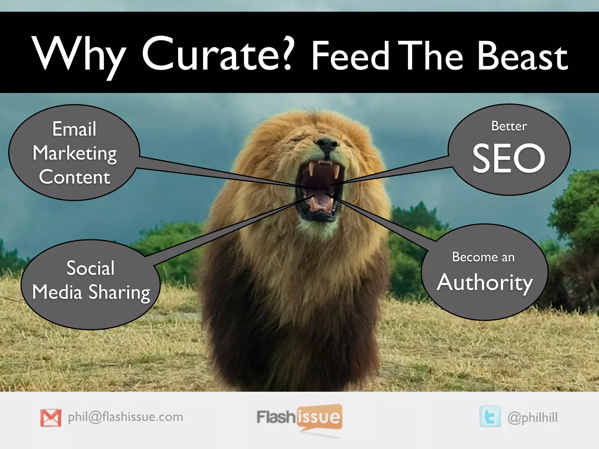 Why Curate? Feed The Beast
 Email                        Better

Marketing
Content
                           SEO

                         Become an
   Social
Media Sharing           Authority




   phil@ﬂashissue.com           @philhill
 