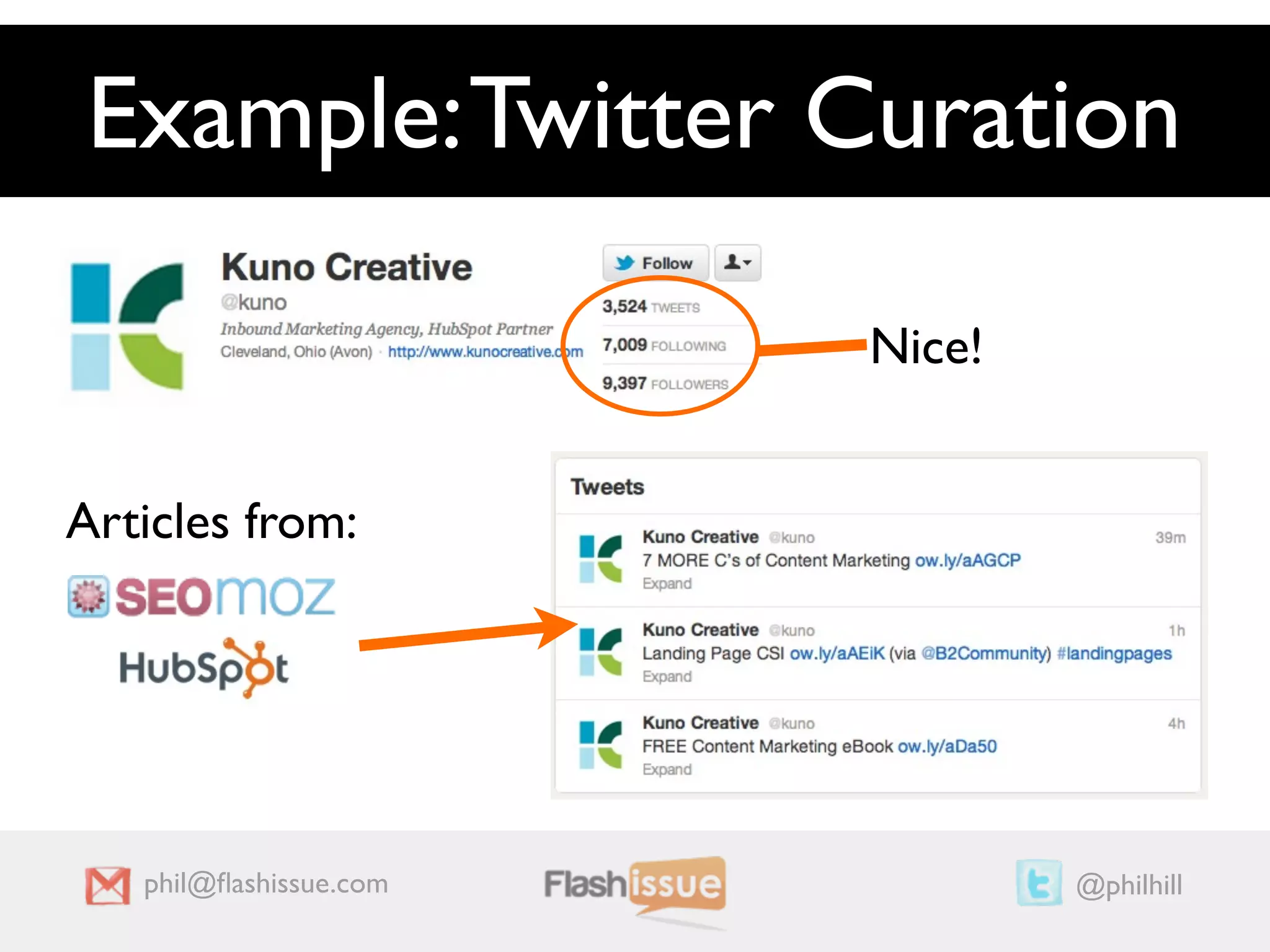 Example: Twitter Curation

                        Nice!


Articles from:




   phil@ﬂashissue.com           @philhill
 