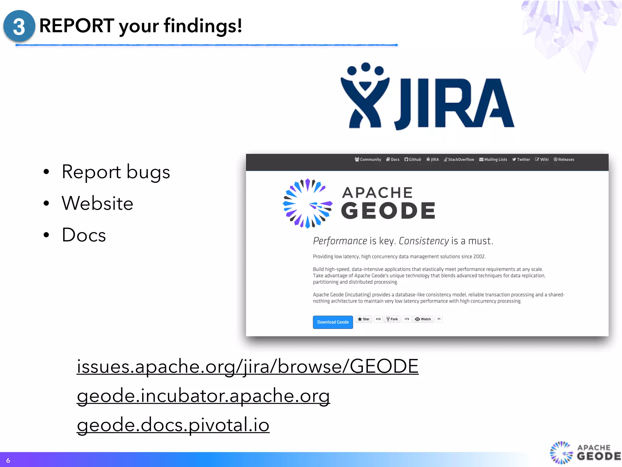 • Report bugs
• Website
• Docs
REPORT your ﬁndings!
6
3
issues.apache.org/jira/browse/GEODE
geode.incubator.apache.org
geode.docs.pivotal.io
 