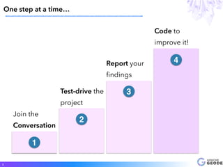 One step at a time…
3
1
2
3
4
Join the
Conversation
Test-drive the
project
Report your
ﬁndings
Code to
improve it!
 