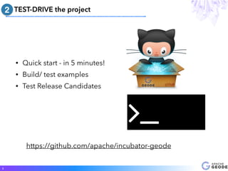 • Quick start - in 5 minutes!
• Build/ test examples
• Test Release Candidates
TEST-DRIVE the project
5
#
2
https://github...