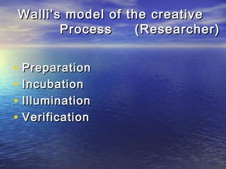 Walli’s model of the creativeWalli’s model of the creative
Process (Researcher)Process (Researcher)
• PreparationPreparation
• IncubationIncubation
• IlluminationIllumination
• VerificationVerification
 