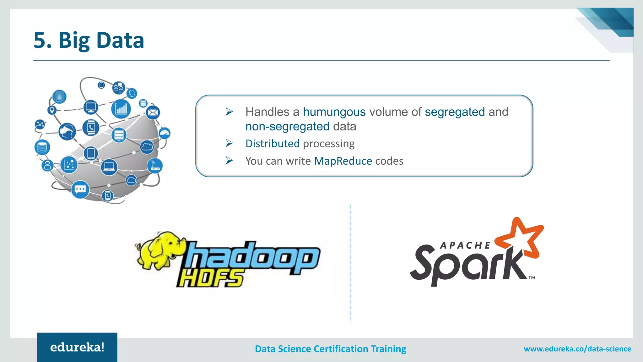 www.edureka.co/data-scienceData Science Certification Training
5. Big Data
➢ Handles a humungous volume of segregated and
non-segregated data
➢ Distributed processing
➢ You can write MapReduce codes
 