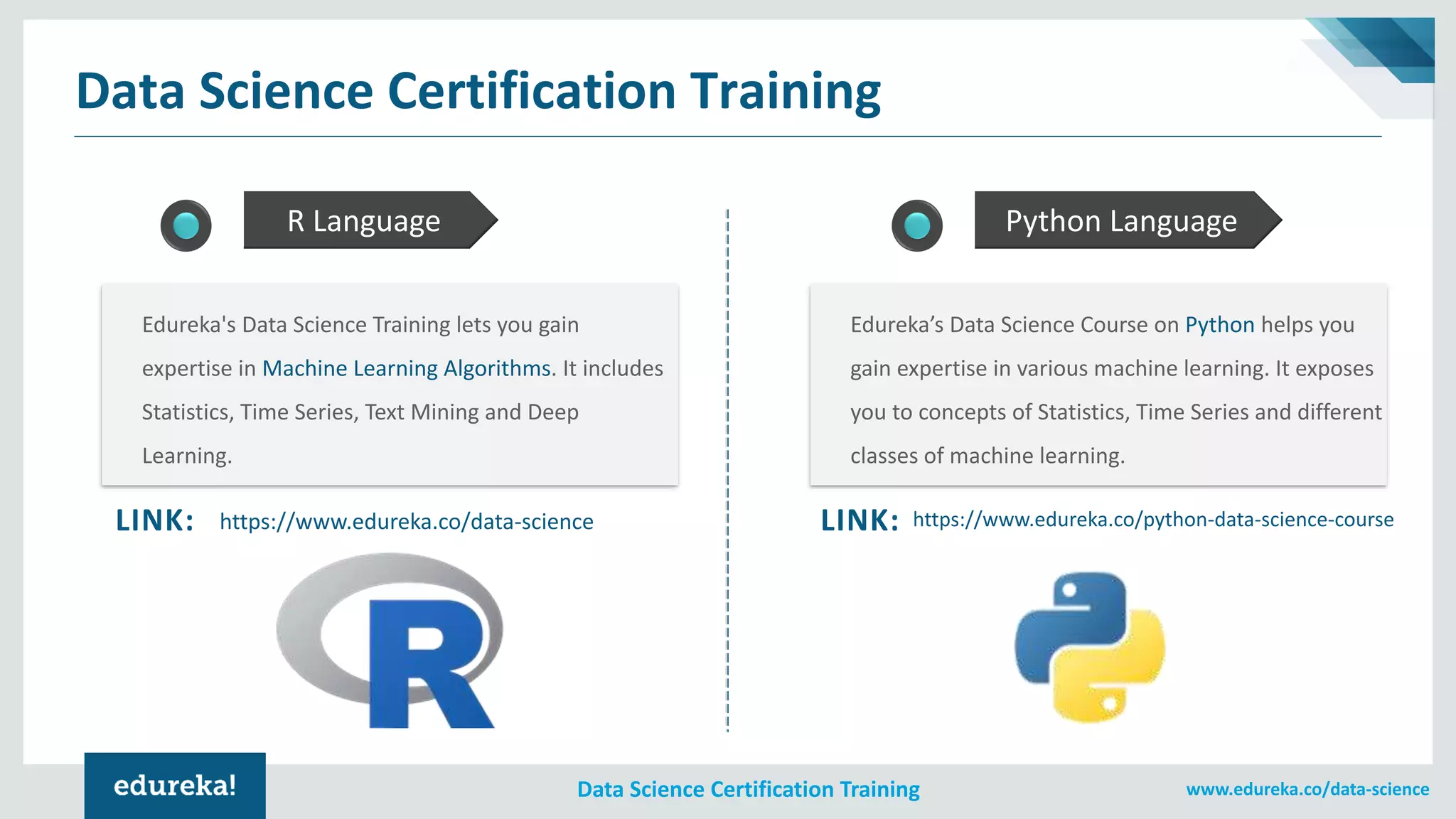 www.edureka.co/data-scienceData Science Certification Training
Data Science Certification Training
R Language Python Language
Edureka’s Data Science Course on Python helps you
gain expertise in various machine learning. It exposes
you to concepts of Statistics, Time Series and different
classes of machine learning.
Edureka's Data Science Training lets you gain
expertise in Machine Learning Algorithms. It includes
Statistics, Time Series, Text Mining and Deep
Learning.
https://www.edureka.co/data-scienceLINK: https://www.edureka.co/python-data-science-courseLINK:
 