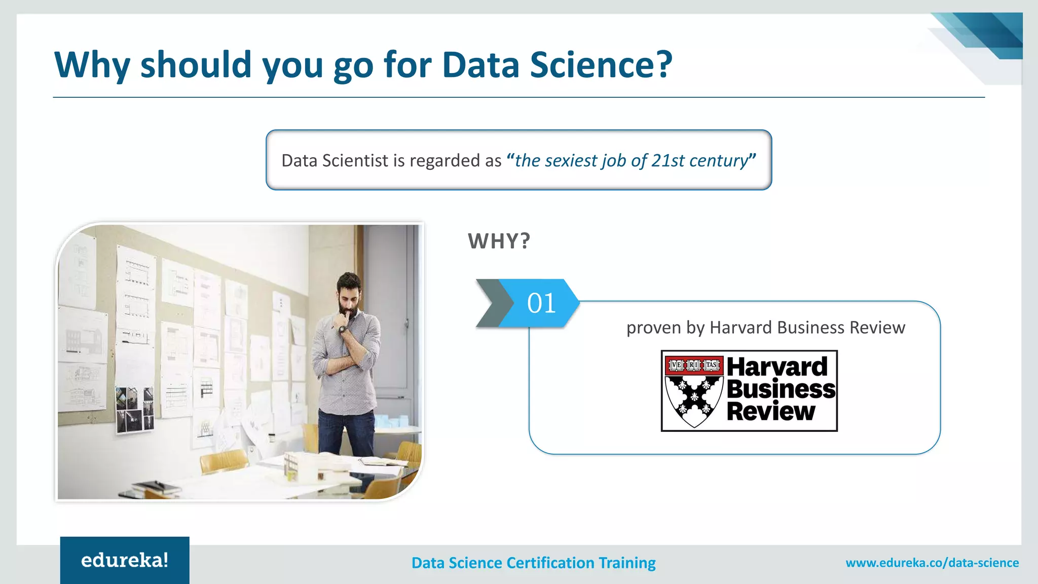 www.edureka.co/data-scienceData Science Certification Training
Data Scientist is regarded as “the sexiest job of 21st century”
Why should you go for Data Science?
WHY?
01
proven by Harvard Business Review
 