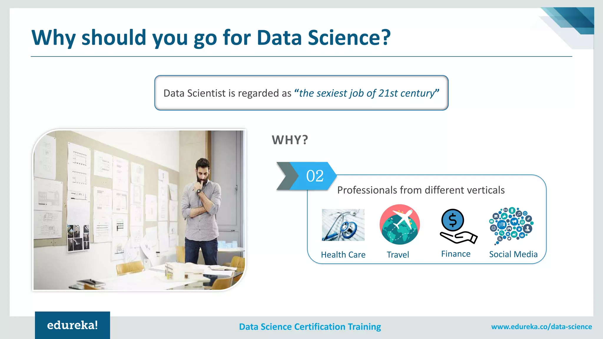 www.edureka.co/data-scienceData Science Certification Training
Data Scientist is regarded as “the sexiest job of 21st century”
Why should you go for Data Science?
WHY?
02
Professionals from different verticals
Health Care FinanceTravel Social Media
 