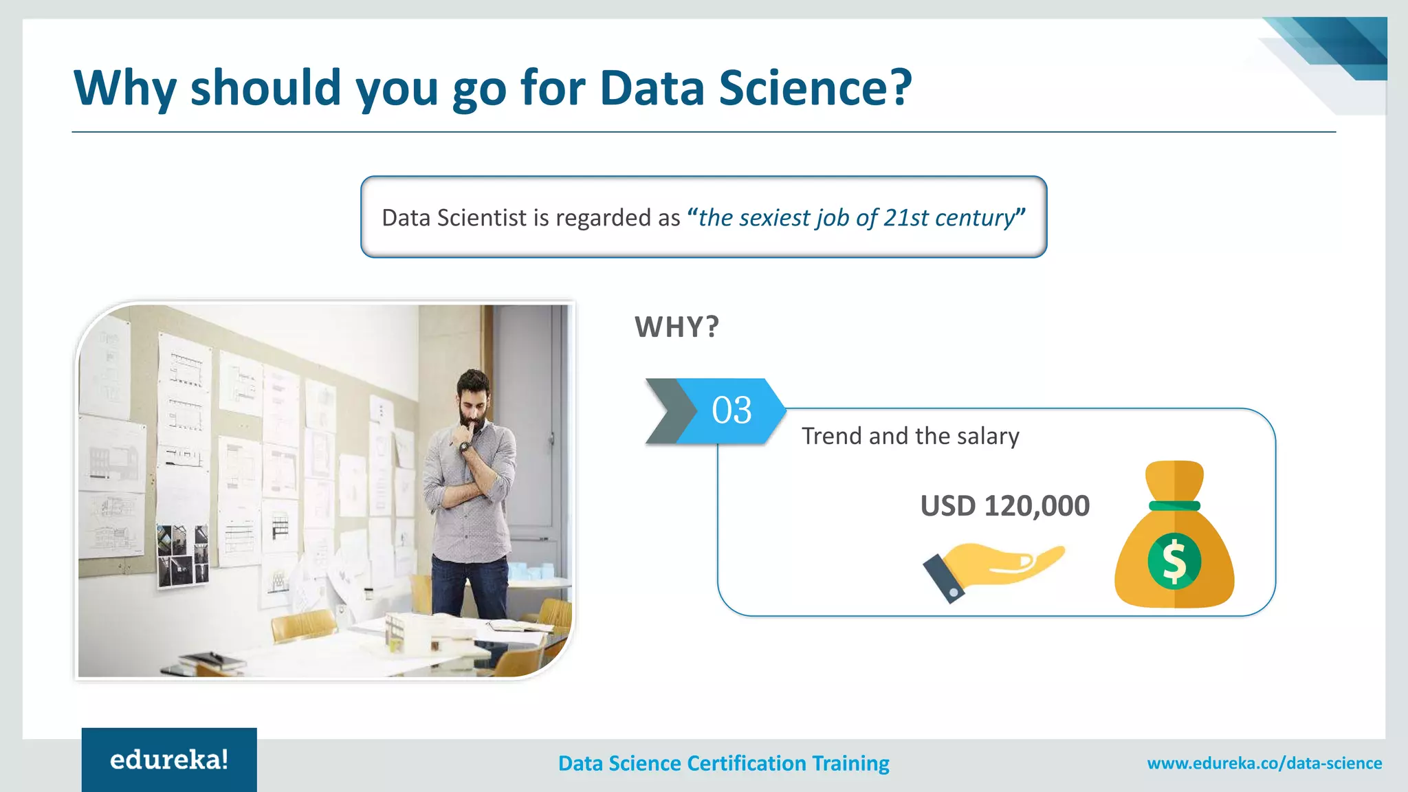 www.edureka.co/data-scienceData Science Certification Training
Data Scientist is regarded as “the sexiest job of 21st century”
Why should you go for Data Science?
WHY?
03
Trend and the salary
USD 120,000
03
 