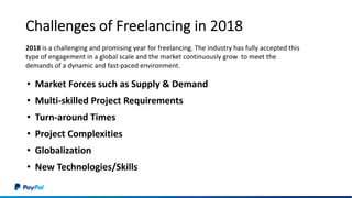 Challenges of Freelancing in 2018
• Market Forces such as Supply & Demand
• Multi-skilled Project Requirements
• Turn-around Times
• Project Complexities
• Globalization
• New Technologies/Skills
2018 is a challenging and promising year for freelancing. The industry has fully accepted this
type of engagement in a global scale and the market continuously grow to meet the
demands of a dynamic and fast-paced environment.
 