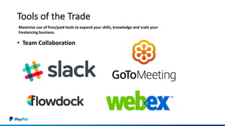 Tools of the Trade
• Team Collaboration
Maximize use of free/paid tools to expand your skills, knowledge and scale your
freelancing business.
 