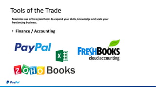 Tools of the Trade
• Finance / Accounting
Maximize use of free/paid tools to expand your skills, knowledge and scale your
freelancing business.
 