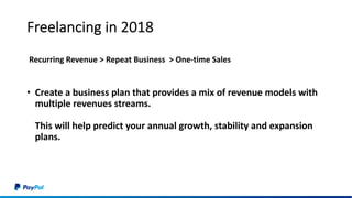 Freelancing in 2018
• Create a business plan that provides a mix of revenue models with
multiple revenues streams.
This will help predict your annual growth, stability and expansion
plans.
Recurring Revenue > Repeat Business > One-time Sales
 