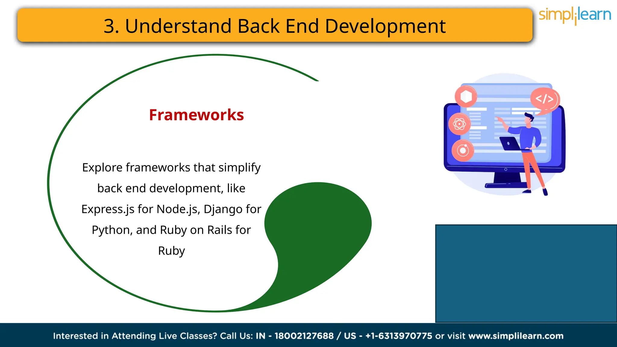 3. Understand Back End Development
Frameworks
Explore frameworks that simplify
back end development, like
Express.js for Node.js, Django for
Python, and Ruby on Rails for
Ruby
 