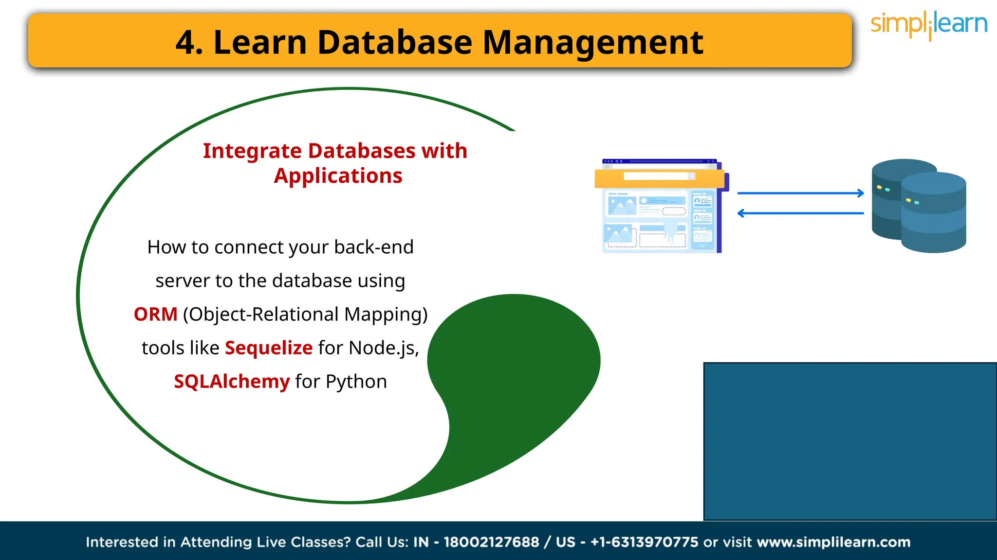 4. Learn Database Management
Integrate Databases with
Applications
How to connect your back-end
server to the database using
ORM (Object-Relational Mapping)
tools like Sequelize for Node.js,
SQLAlchemy for Python
 