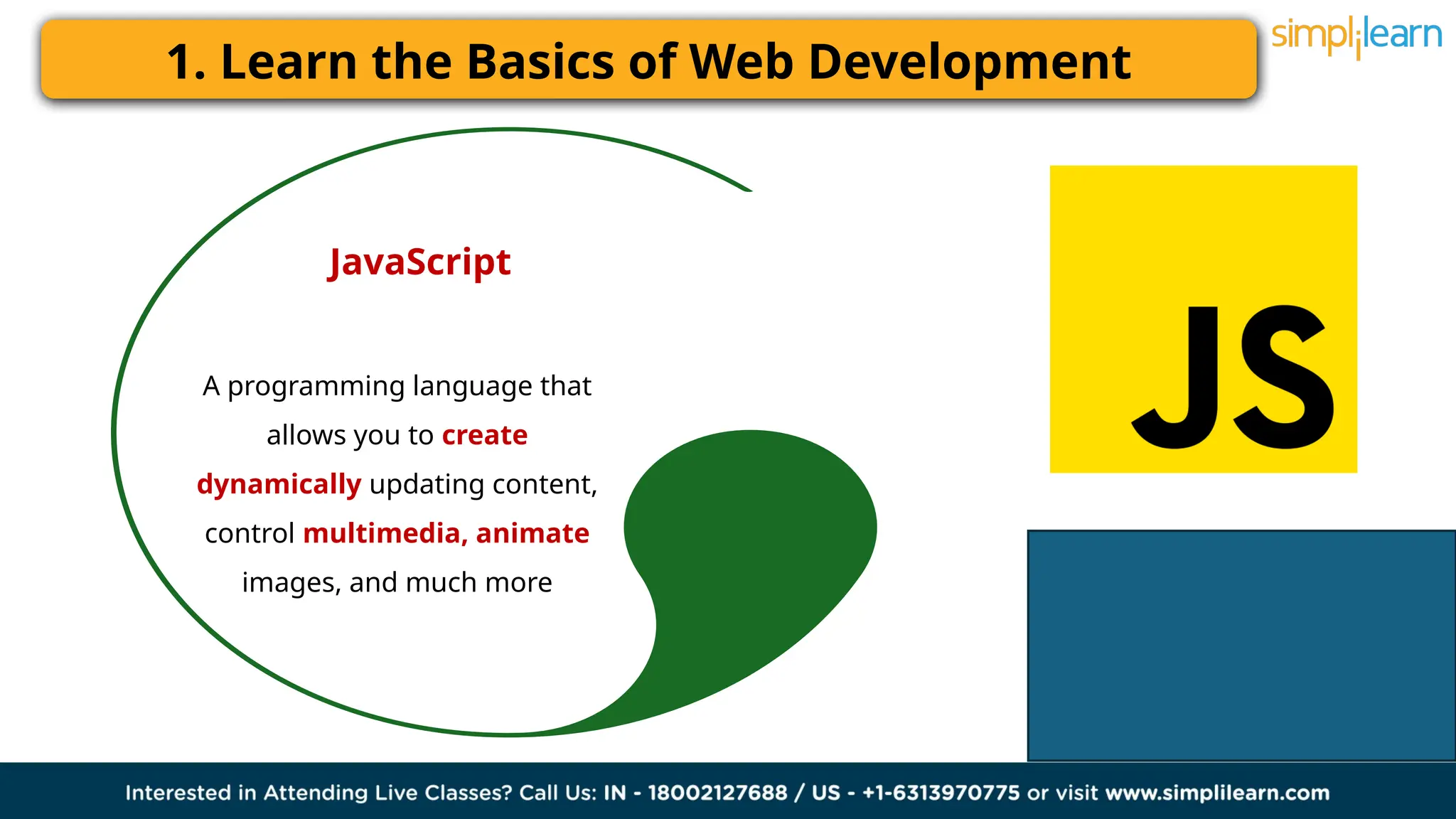 1. Learn the Basics of Web Development
JavaScript
A programming language that
allows you to create
dynamically updating content,
control multimedia, animate
images, and much more
 
