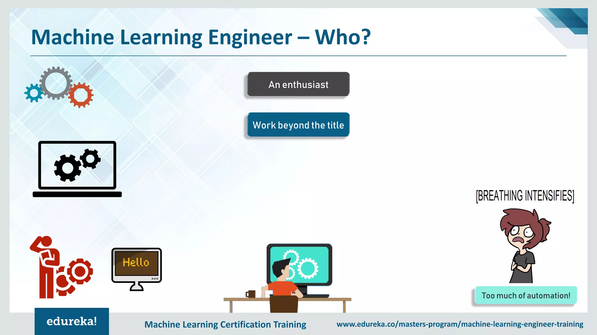 Machine Learning Certification Training www.edureka.co/masters-program/machine-learning-engineer-training
Machine Learning Engineer – Who?
Work beyond the title
An enthusiast
Too much of automation!
 